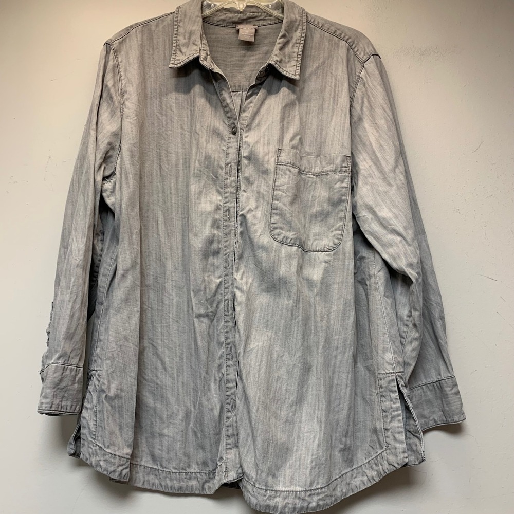 Chico's Button Down Shirt Women 3P Gray Excellent Lyocell Long Sleeve Tunic